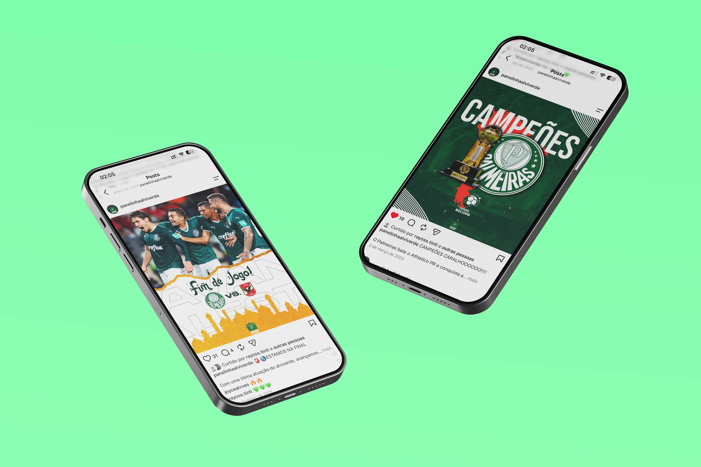 Posts do perfil Panelinha Alviverde exibidos em mockups de celular